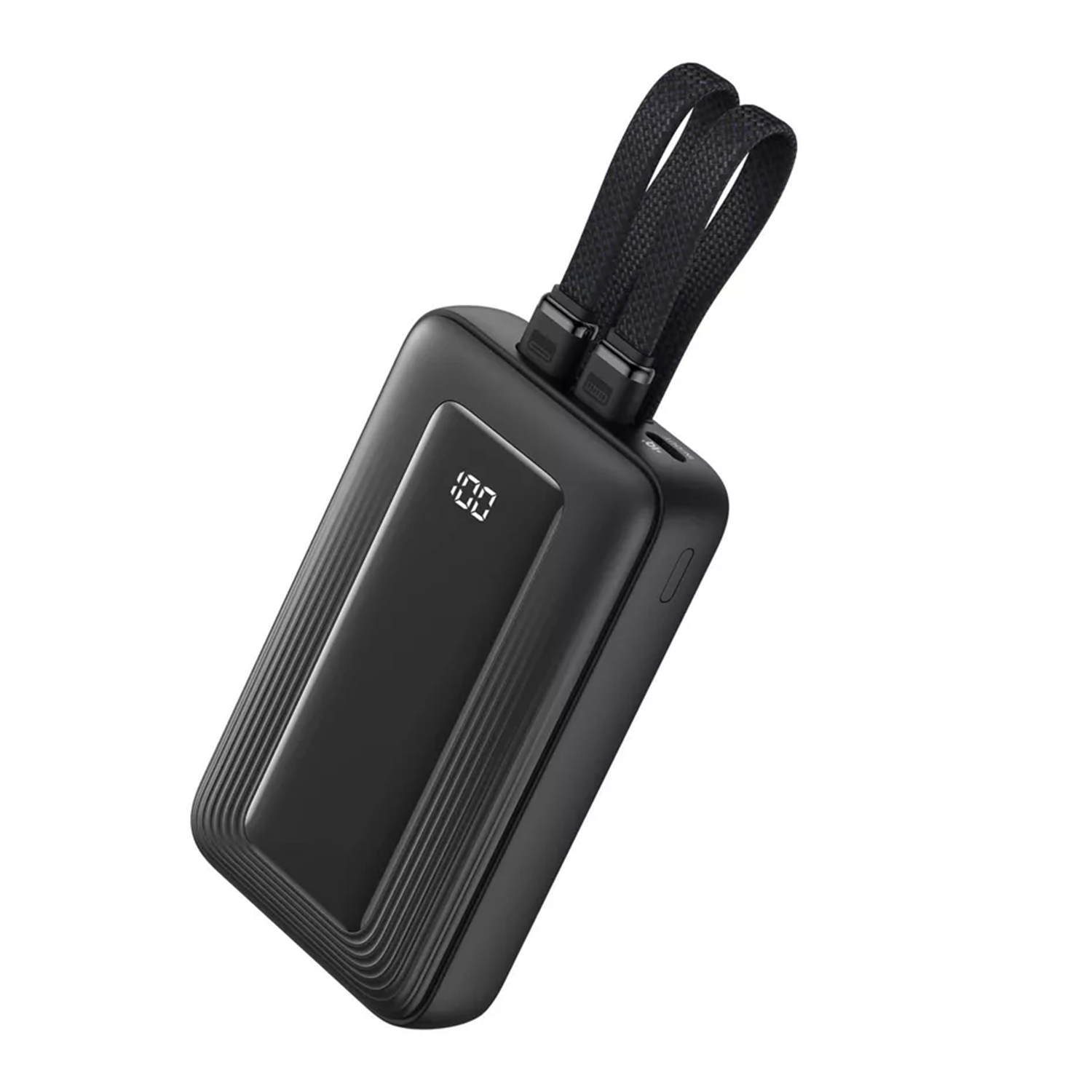 Compact Portable Charger With Attached Dual Cables And Digital Power Percentage Display