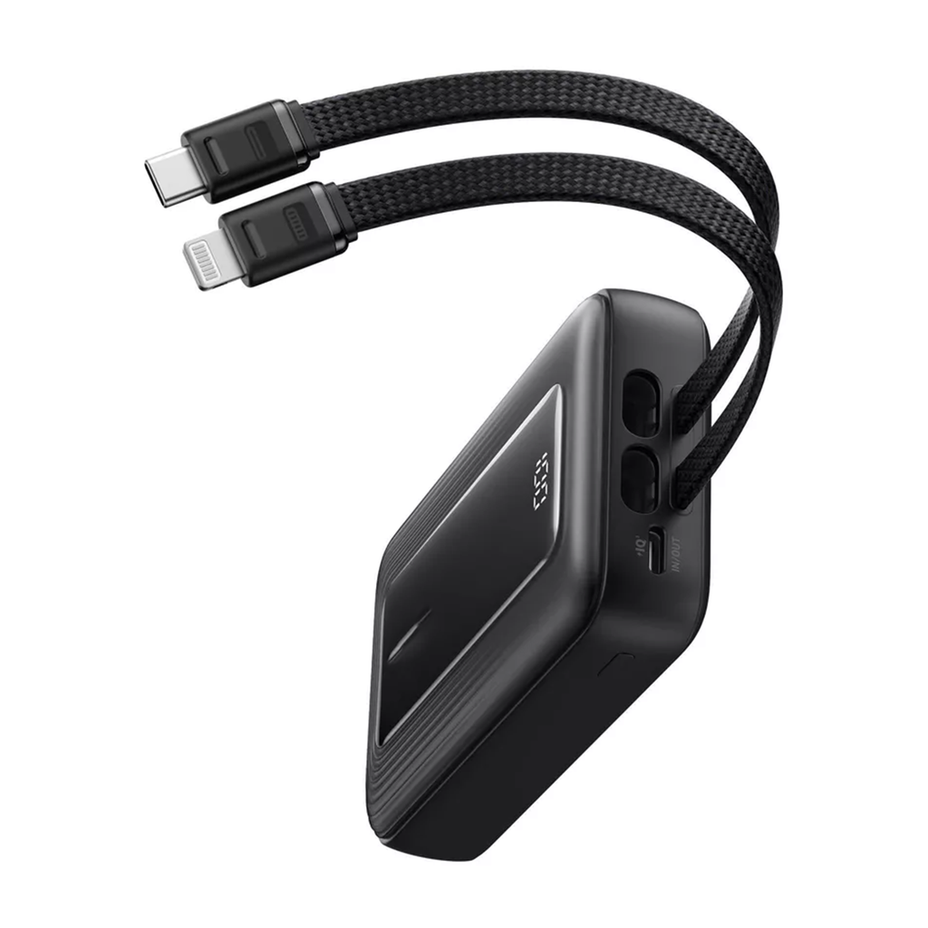 Compact Portable Charger With Attached Dual Cables And Digital Power Percentage Display