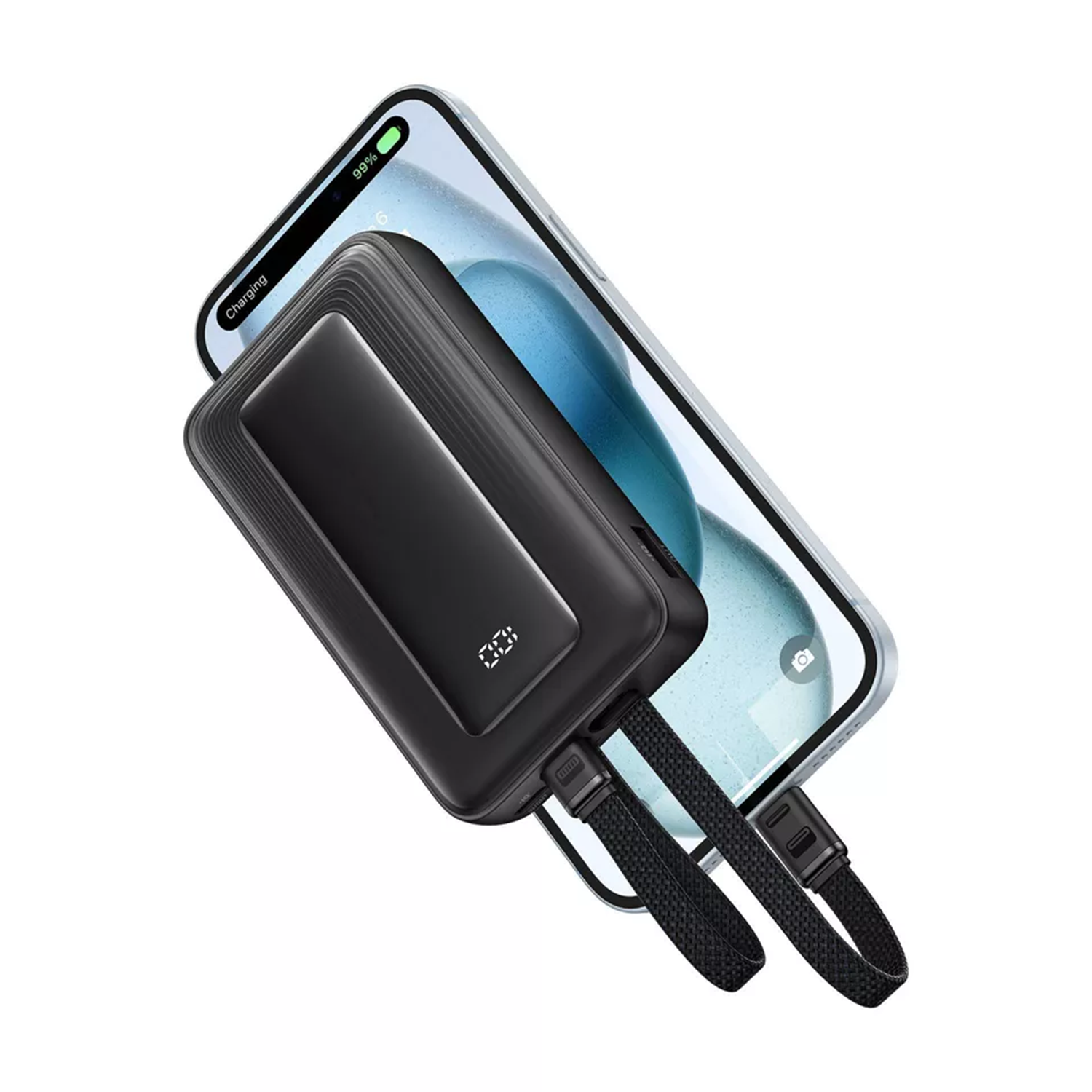 Compact Portable Charger With Attached Dual Cables And Digital Power Percentage Display